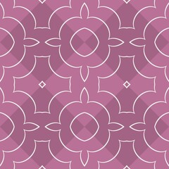 A seamless, geometric pattern showcases intricate floral shapes in shades of pink and purple. The symmetrical design is highlighted by bold white outlines, creating an elegant and decorative effect.