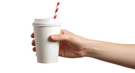 Hand Holding a White Paper Cup with Lid and Red Striped Straw on a Clean White Background, Perfect for Beverage Advertising and Drink Presentation