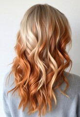 Stunning Copper Blonde Balayage Hair Long Wavy Hairstyle Back View