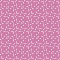 A repeating geometric pattern features white interlocking circles on a pink background, creating a floral-like motif. The symmetry and uniformity provide a sense of balance and harmony.