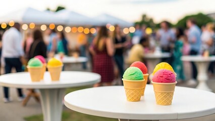 Defocused people mingling around tables with vibrant ice cream scoops at outdoor fundraiser
