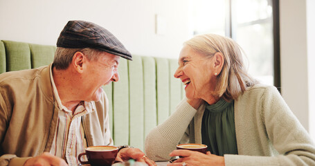 Coffee, laugh or happy old couple in cafe on date together in retirement for love, chat or talk. Relax, tea or senior people in restaurant with smile, beverage or funny joke for romantic anniversary
