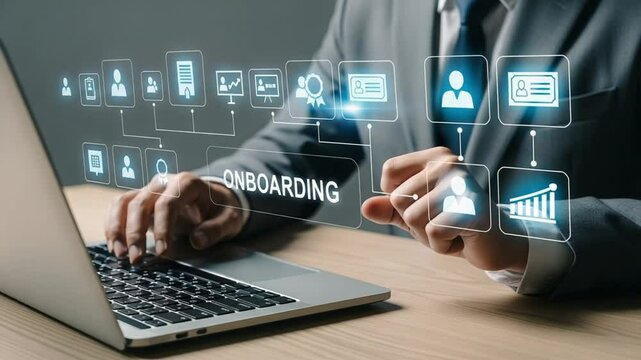 Hands typing on laptop with case study and data icons floating above the keyboard surface view