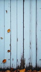Rustic Blue Wooden Fence with Autumn Leaves Fall Background Texture