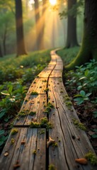 Serene Sunrise Path Mossy Wooden Walkway in a Misty Forest