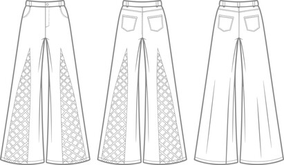 Women's Flared Pants Technical Flat Sketch with Textured Inserts, Front and Back Views, Fashion Apparel Template, Stylish Trousers Design, Modern Outline for Digital Art.