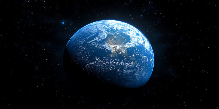Realistic planet earth view from space with city lights shining at night and starry background depicts a scenic view