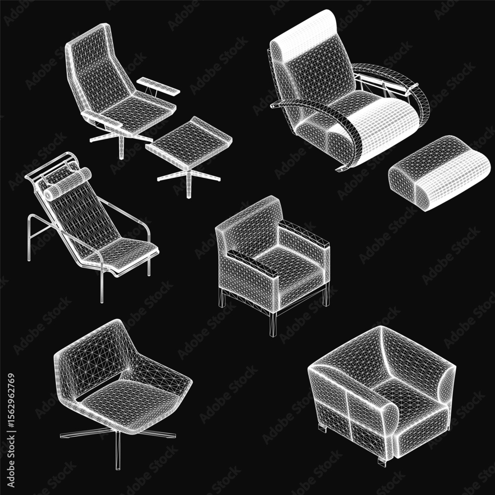Fototapete A set of stylish armchairs and ottomans arranged symmetrically on a black background, each with a unique modern design. The chairs feature a gradient of light to dark colors, creating a sophisticated.