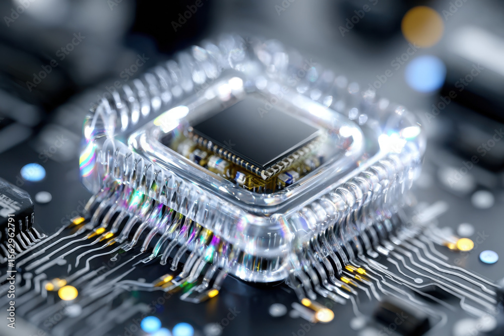 Poster close-up view of a transparent microchip on a circuit board showcasing intricate details