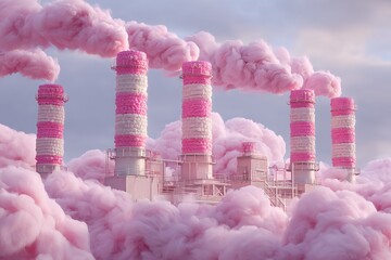 Cotton Candy Power Plant" - Pink steam turbines spun by sugar fairies, candy floss smoke stacks