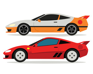 Naklejka premium Flat design illustration of two stylish sports cars in vibrant orange white and red colors.