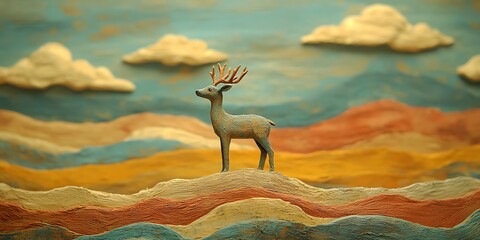 Clay Deer Sculpture in Colorful Landscape Scene with Clouds and Hills