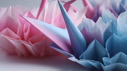 Crinkling tissue paper unfolding into origami swans, pastel pink and blue gradients