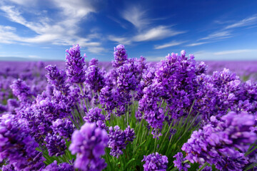 Obraz premium Vibrant lavender fields under a clear blue sky in full bloom during summer afternoons