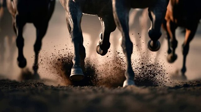 Close-Up Of Running Horses Hooves Kicking Up Dust On A Dirt Track During Golden Hour
