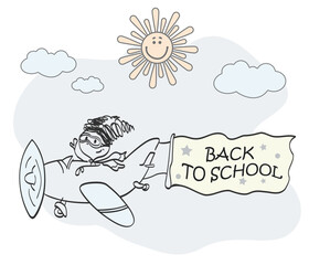 Girl on a plane with a flag. Back to school sign
