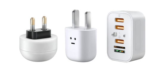Various electrical adapters and chargers displayed on a white background, showcasing versatility