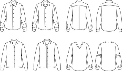 Men's and Women's Fashion Apparel Versatile Collection of Long Sleeve Button-Up Shirts, Classic Collared Blouses, and Casual V-Neck Tops CAD Drawing Flat Vector Illustrations