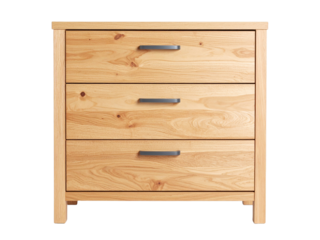 Lightwood threedrawer dresser with black handles. Great for furniture catalogs, home decor blogs, interior design articles, and product showcases.