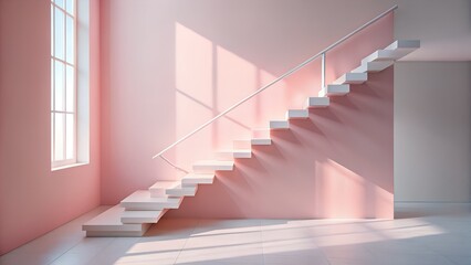 Fototapeta premium Sunlight streams into a modern room illuminating a sleek white staircase ascending against a soft pink wall, creating a clean and minimalist interior design