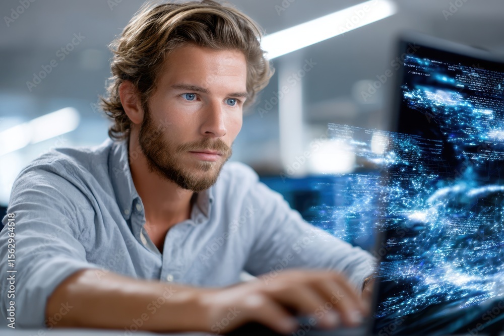 Poster focused individual working on computer with digital data graphics in a modern workspace