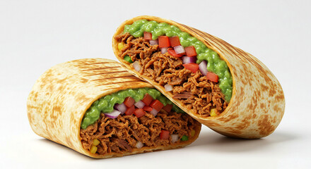 Delicious Pulled Meat Burrito Cut in Half with Guacamole, Tomatoes, and Red Onions on a Light Background
