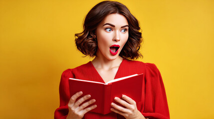 The Story Unfolds: A captivating portrait of a woman enraptured by a book, her expression a mixture of shock and fascination, radiating an aura of intellectual curiosity and delight.