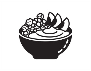 Nutritious food symbol. Crispy oat clusters paired with peach and yogurt for a delightful breakfast. Excellent health benefits. Dash diet idea. Solid flat design. Isolated silhouette vector graphic.