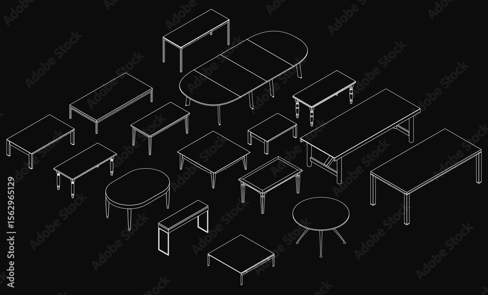 Poster a line drawing of various tables arranged in a circular formation on a black background, featuring d