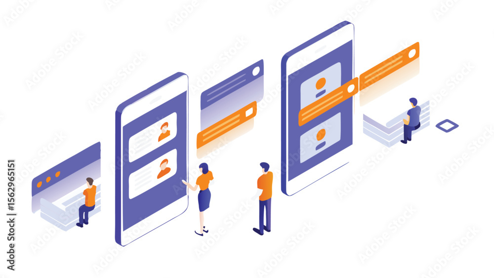 Wall mural isometric view of mobile app data transfer with people and interface elements shown clearly