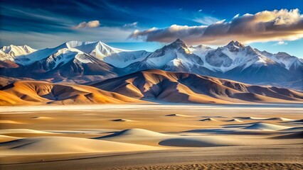 A breathtaking panoramic view of snowcapped mountains rising majestically above a vast, golden desert landscape under a dramatic sky