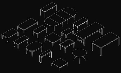 A line drawing of various tables arranged in a circular formation on a black background, featuring different shapes and sizes with precise thin lines. The minimalist design creates a modern and clean.