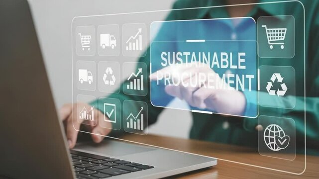 Person using laptop with sustainable procurement interface and business icons overlayed on screen