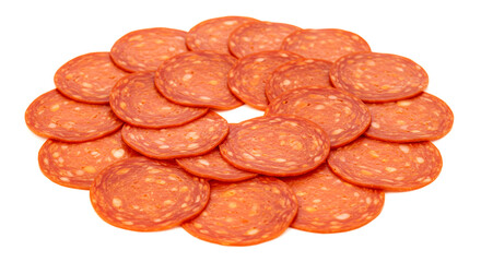 Slices of Spicy Pepperoni Arranged in a Circular Pattern on a Plain Background, Perfect for Pizza Toppings and Charcuterie Boards