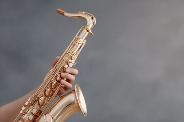 close-up of saxophone keys and hand in crisp detail against dark solid background