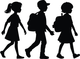 walking school girls and boys black silhouette vector illustration