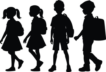 walking school girls and boys black silhouette vector illustration