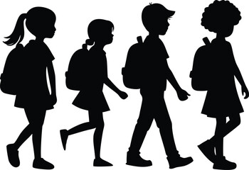 walking school girls and boys black silhouette vector illustration