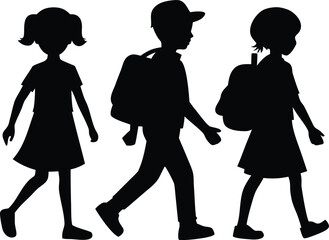walking school girls and boys black silhouette vector illustration
