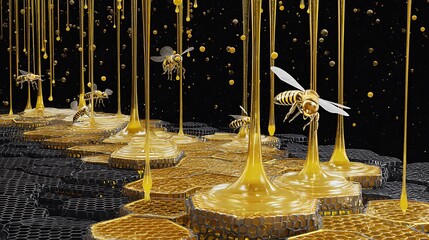 DeFi protocols as honeycombs dripping liquid gold, AI bees managing algorithmic hives