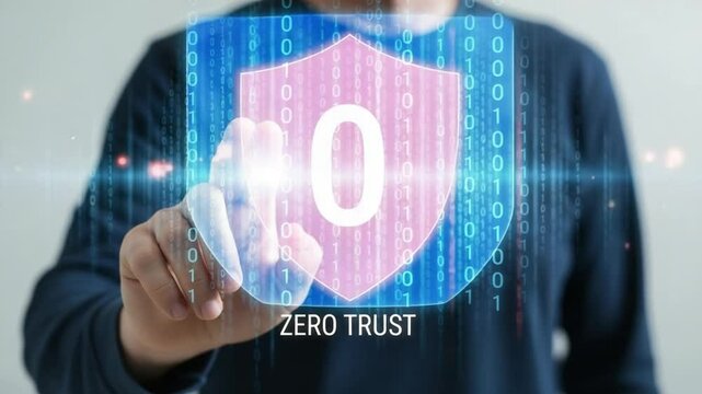 Man touching a shield with zero inside and binary code for zero trust concept image design