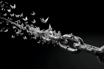 Depression depicted as heavy iron chains dissolving into origami butterflies, monochrome to color transition