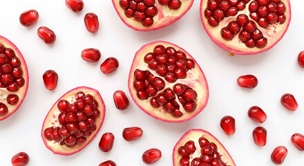 Sliced Pomegranates with Seeds on a White Surface, Featuring Fresh, Juicy