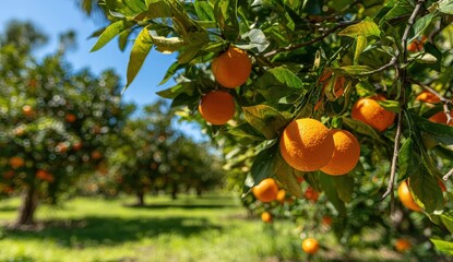 Citrus harvest Ripe oranges on trees in orchard with grove backdrop. Farm sales