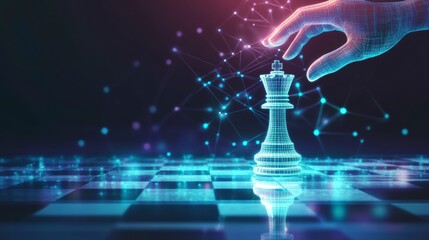 Wireframe chess queen on digital board, hand moving piece.
