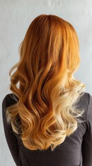 Obraz premium Stunning Long Wavy Copper Blonde Balayage Hair Style Back View