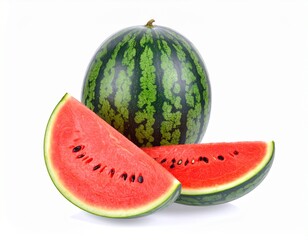 An irresistible collection of whole and cut watermelons, versatile for food photography, picnic scenes, or highlighting a vibrant, healthy lifestyle. Water melon in white background 