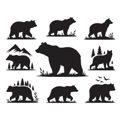 bear silhouettes vector, set of animals Brown grizzl Black vector