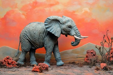 Gray Elephant Sculpture in Desert Landscape Under Vibrant Orange Sky