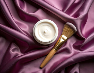 Luxurious Facial Mask Jar and Application Brush Mockup on Satin Fabric